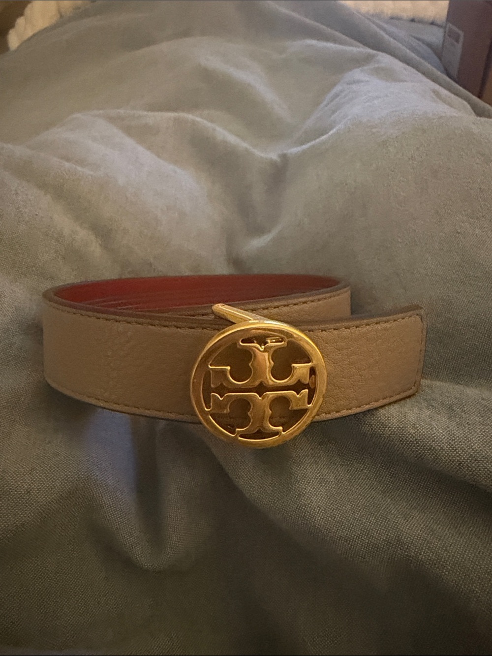Tory Burch Taupe/Red Leather Reversible Belt with Gold Logo Buckle